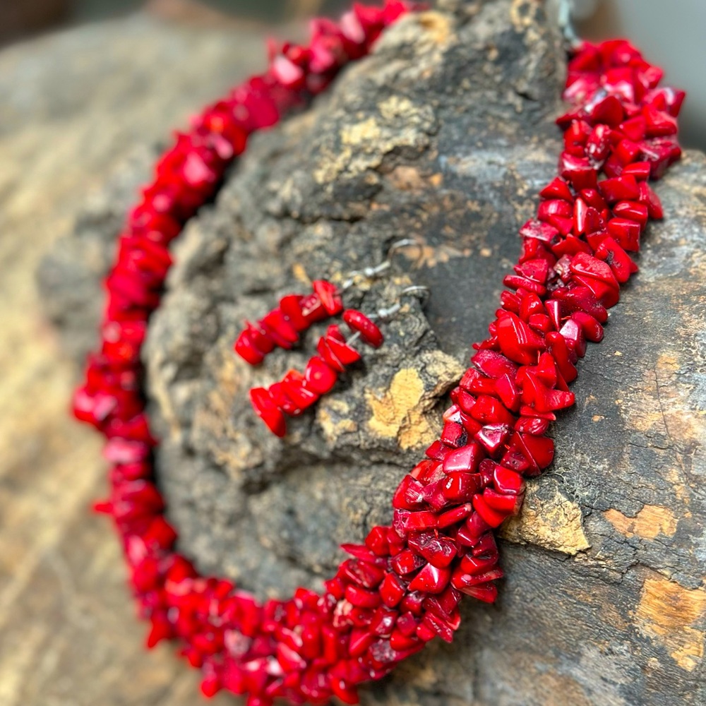 Authentic red coral layered necklace and earrings.